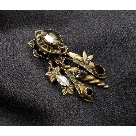 Rare Find Vintage Sorrelli Gold-Tone Crystal Dangle Brooch With Intricate Charms - Picture 3 of 7